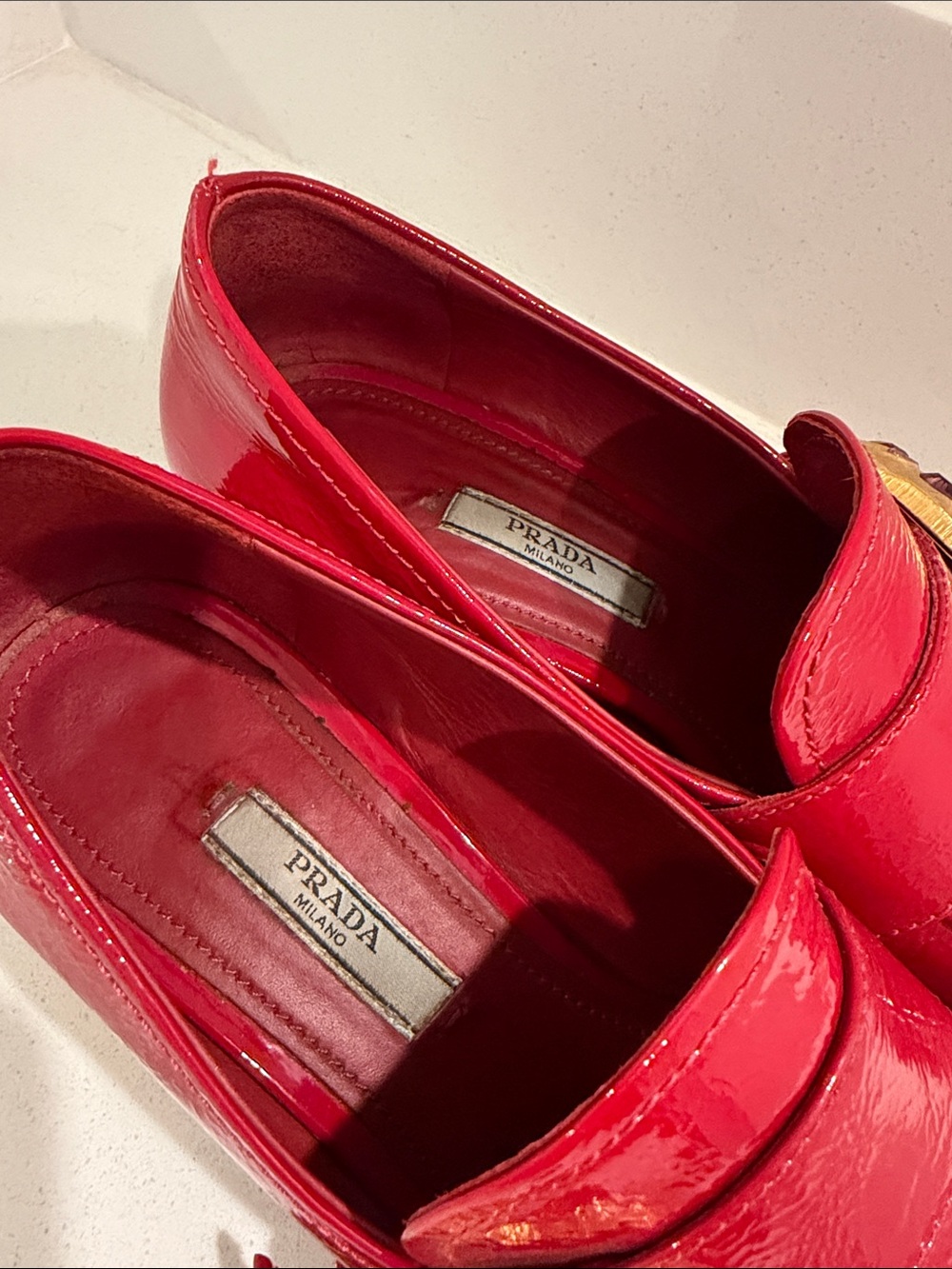 Prada Red Patent Leather Loafers with Gold Medallion - Picture 6 of 8
